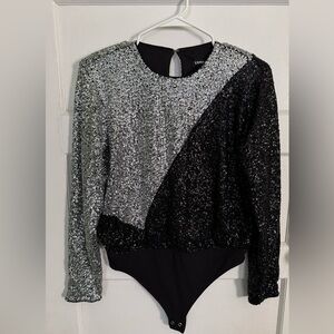 Express Women's Sequin Bodysuit in Black and Silver